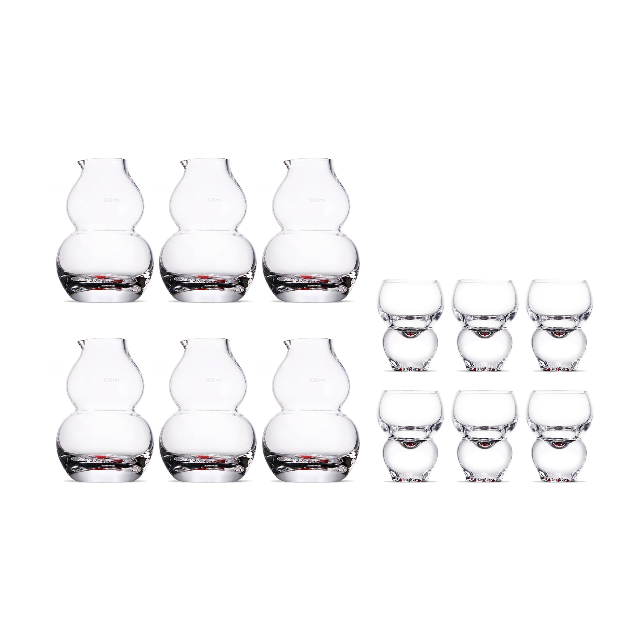 Chinese baijiu glass set in soft light with an auspicious gourd silhouette and hand-painted motif