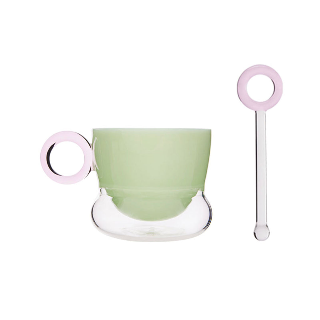 Ciambelle Opaline jade glass coffee cup with matching stirrer in soft light