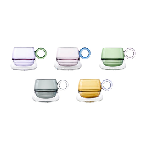 Ciambelle Transparent glass coffee cup in soft light with a rounded sculptural silhouette