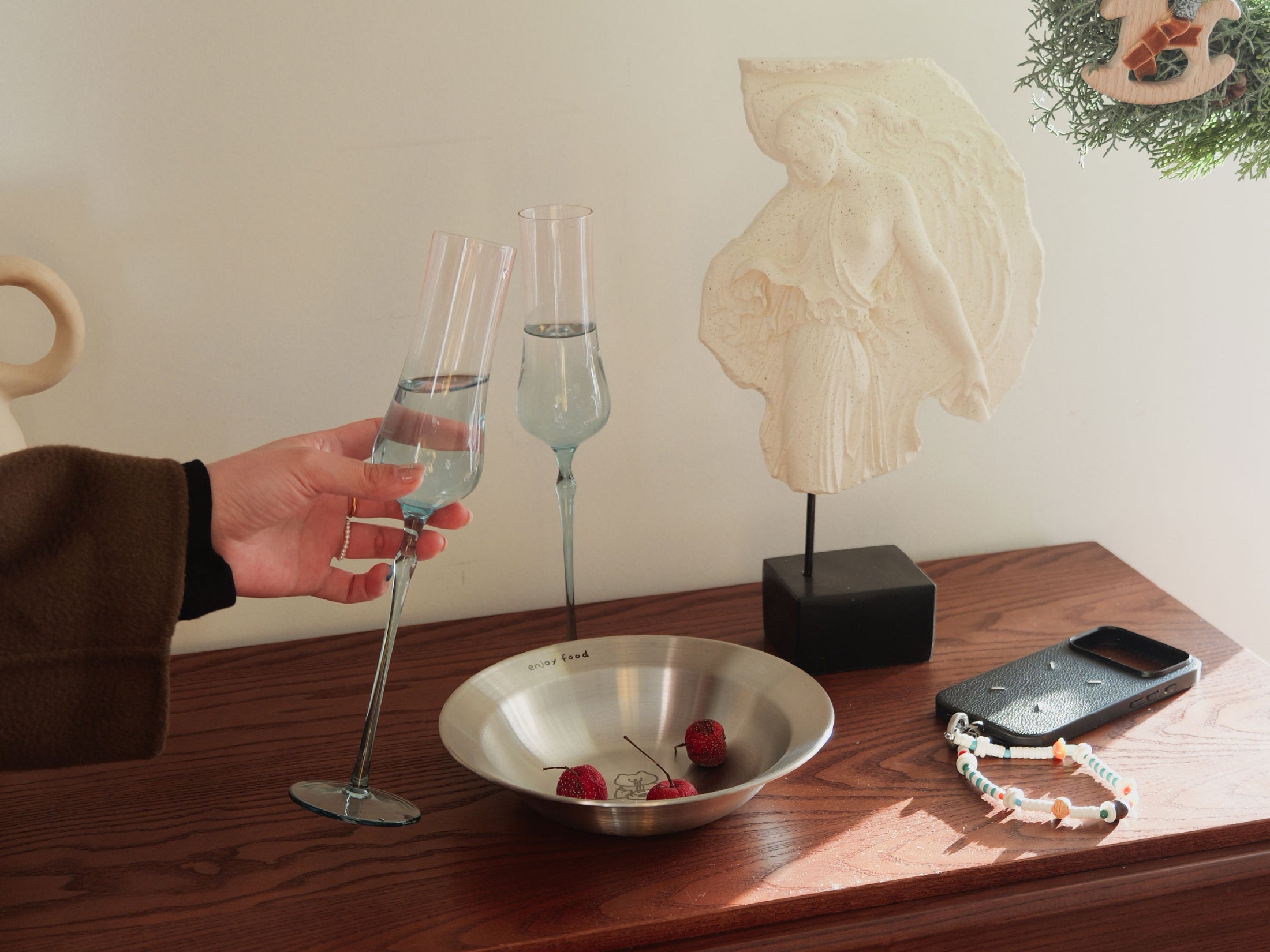 Champagne glass set of 2 styled for a quiet toast with a soft ocean-inspired mood