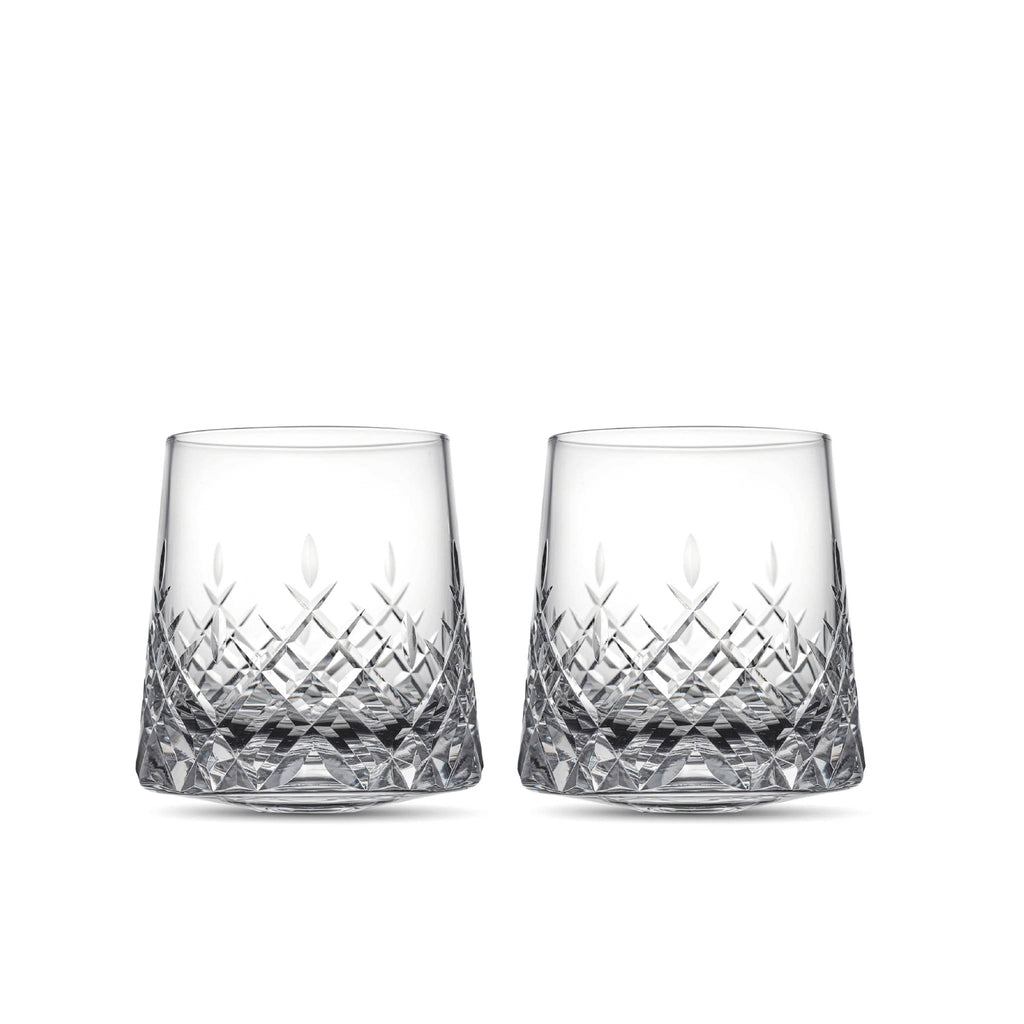 Crystal whiskey glasses set of 2 in soft light with deep-cut facets and diamond-like brilliance