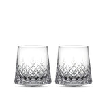 Crystal whiskey glasses set of 2 in soft light with deep-cut facets and diamond-like brilliance