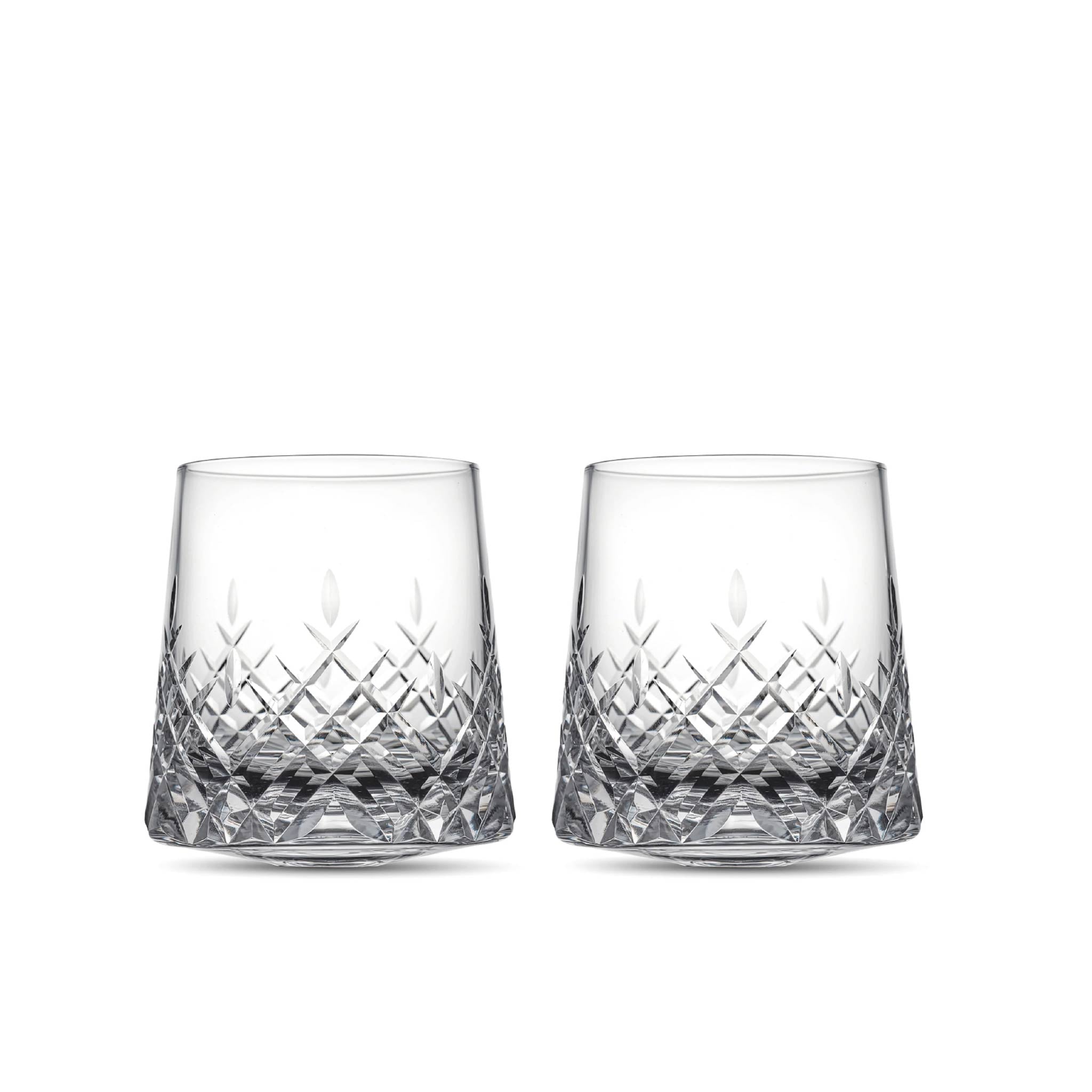 Crystal whiskey glasses set of 2 in soft light with deep-cut facets and diamond-like brilliance