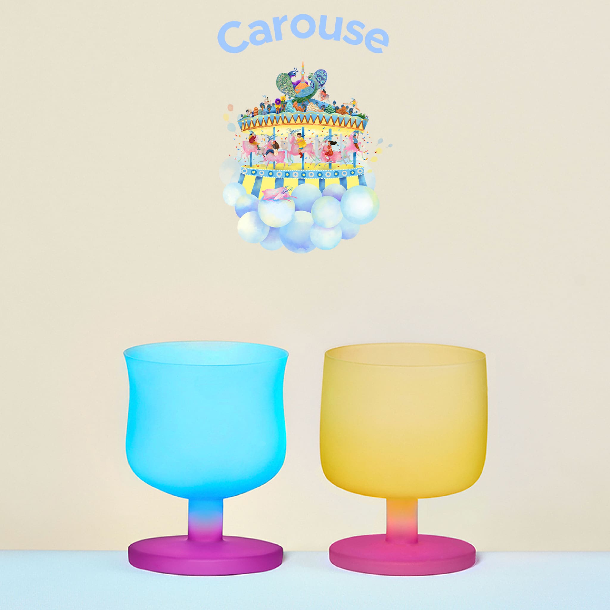 Dolce Amusement Park glass set in soft light with colorful candy-inspired silhouettes