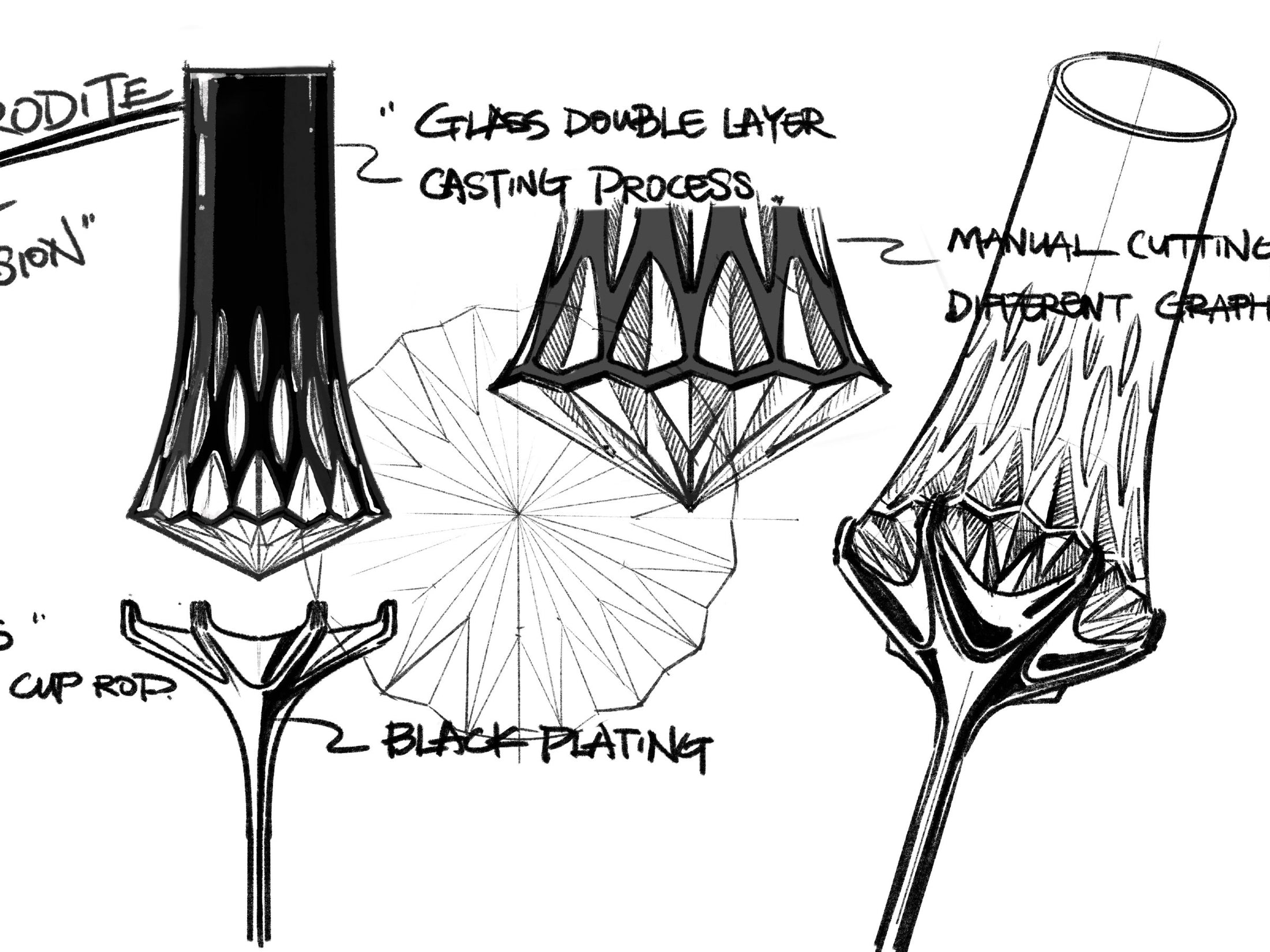 Close-up of Love Aphrodite Champagne Glass Set showing hand-carved glass texture, transparent cuts, and dark metallic stem detail