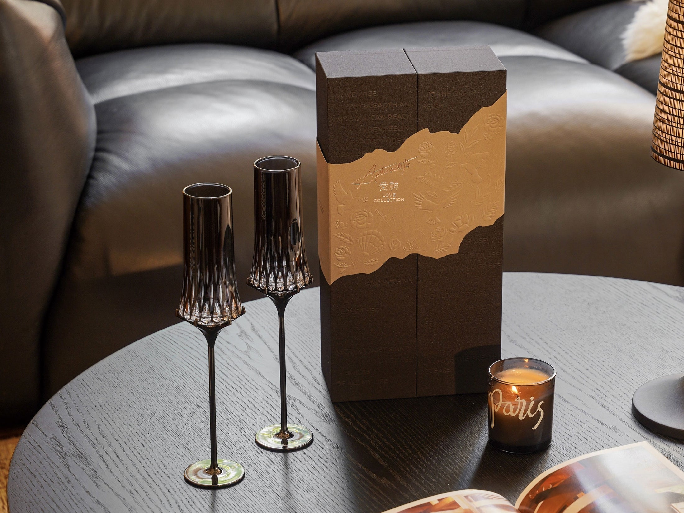 Love Aphrodite Champagne Glass Set styled for a romantic champagne ritual with soft luminous contrast