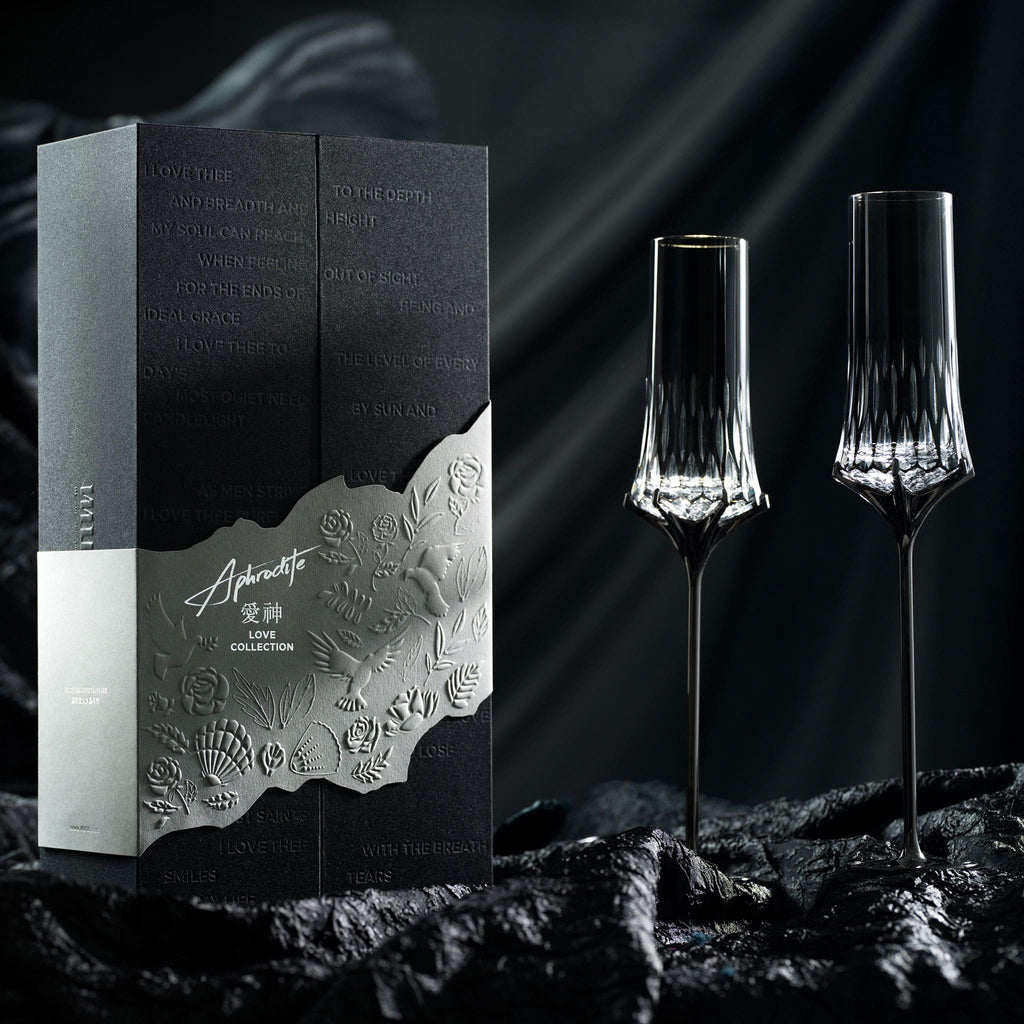 Love Aphrodite Champagne Glass Set styled for a romantic champagne ritual with soft luminous contrast