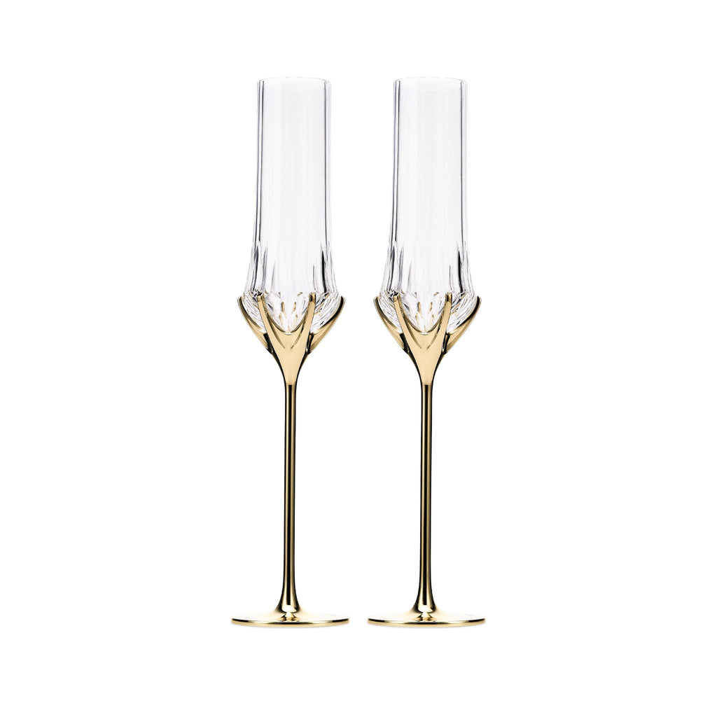Love Cupid champagne glass set in soft light with a tall sculptural silhouette and sparkling romantic detail