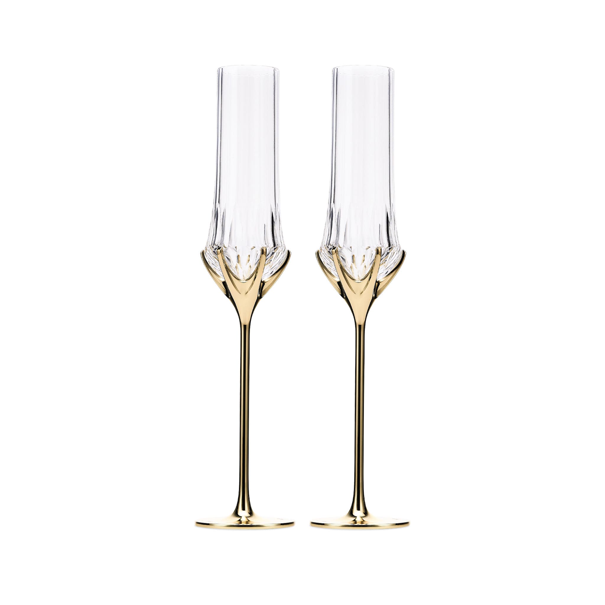 Love Cupid champagne glass set in soft light with a tall sculptural silhouette and sparkling romantic detail