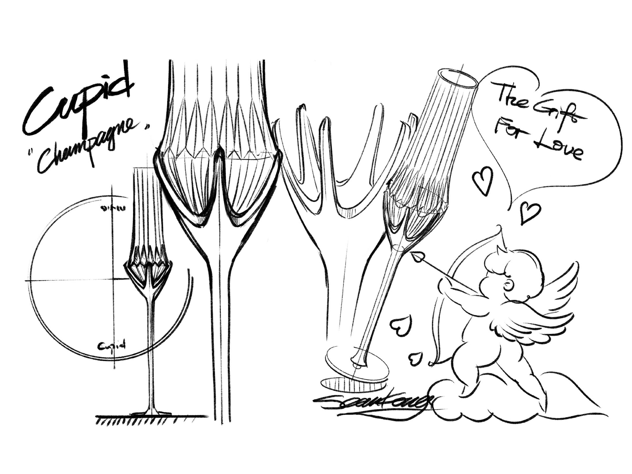 Love Cupid champagne glass set in soft light with a tall sculptural silhouette and sparkling romantic detail
