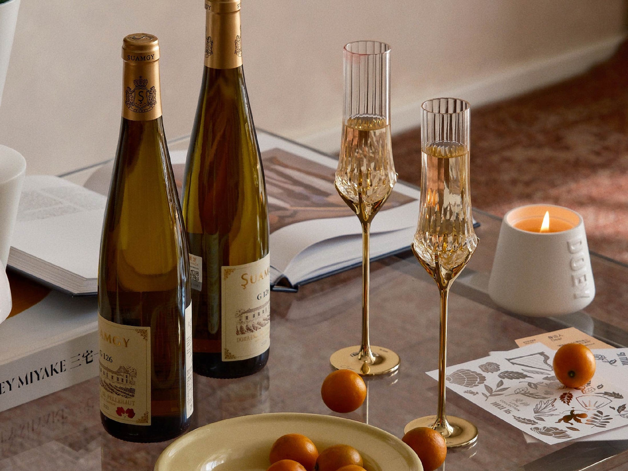 Love Cupid champagne glass set styled for a romantic toast with soft luminous sparkle