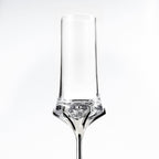 Close-up of Love Venus Champagne Glass Set showing hand-cut glass texture, six-claw setting, and silver-plated stem detail