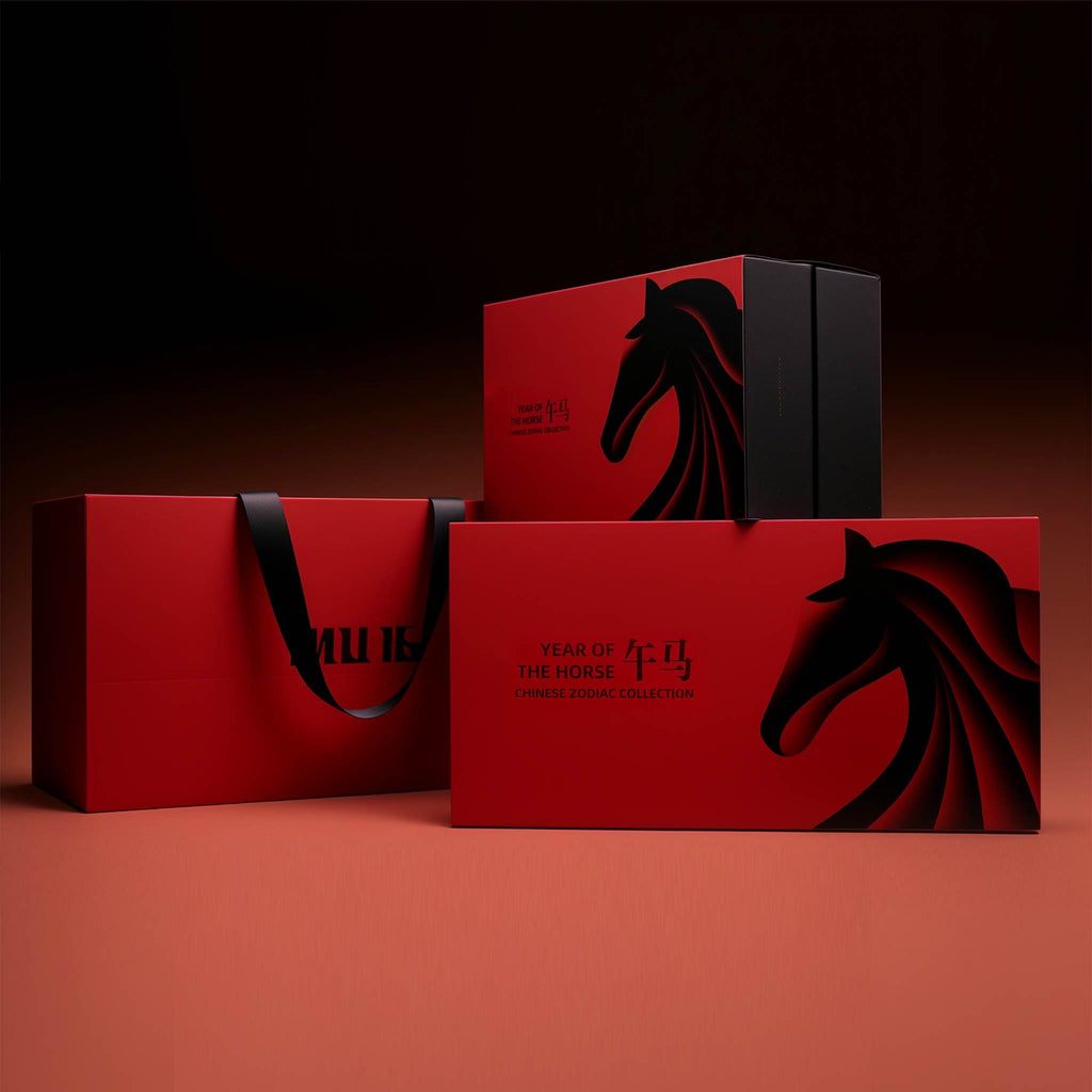 Red gift boxes with black horse designs on a dark background