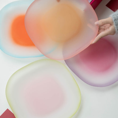 Close-up of Nubi Large Dinner Plate showing matte texture, irregular base pattern, and softly blended color detail