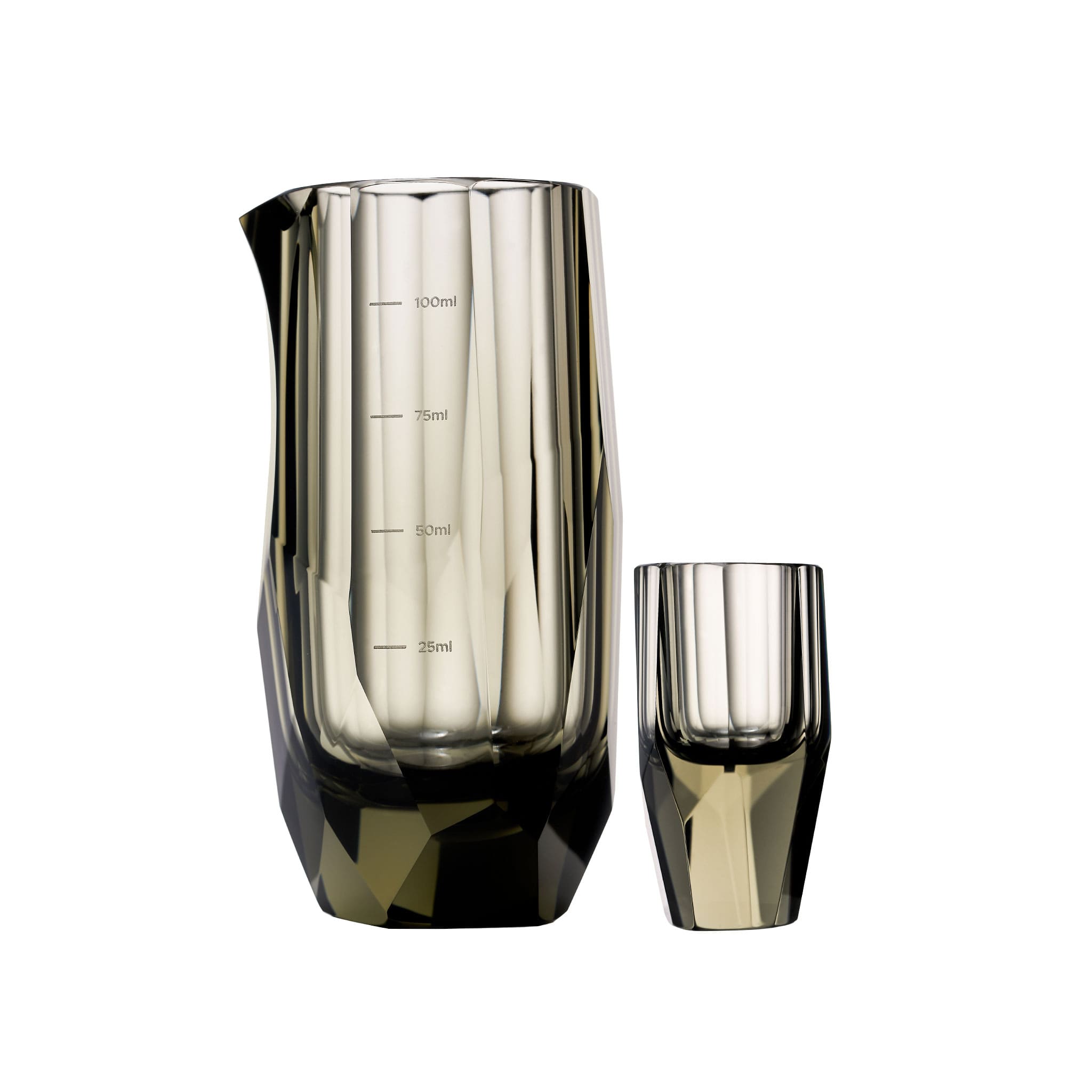 Crystal baijiu glass in soft light with raw diamond-inspired facets and brilliant reflective detail