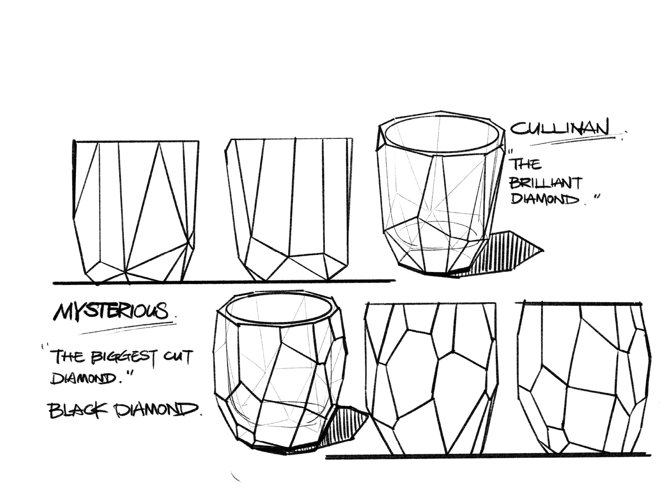 Close-up of crystal whiskey glass showing polygonal gemstone-like facets, polished edges, and thick weighted base